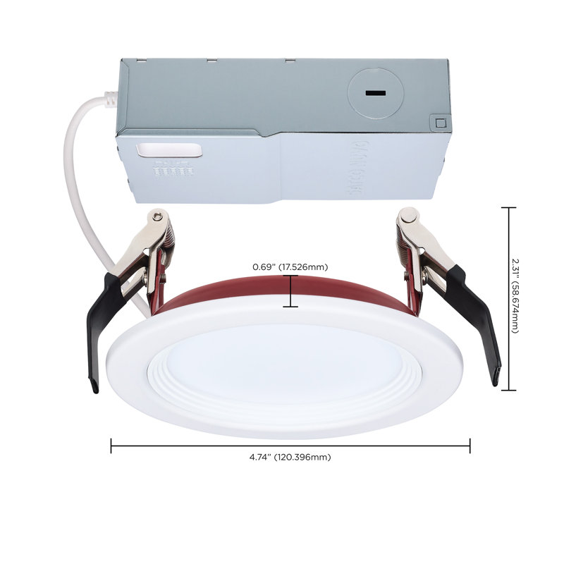 10 Watt LED Fire Rated 4 Inch Direct Wire Slim Fit Step Baffle Downlight Round Shape White Finish CCT Selectable 120 Volts Dimmable