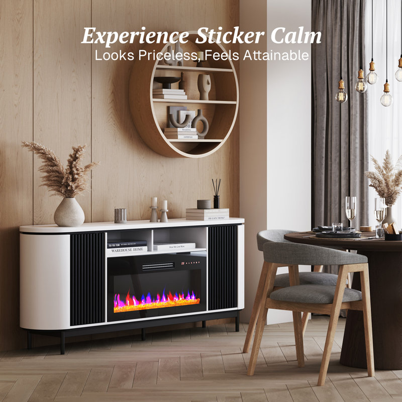 76" Fluted TV Stand with 36" Electric Fireplace, White