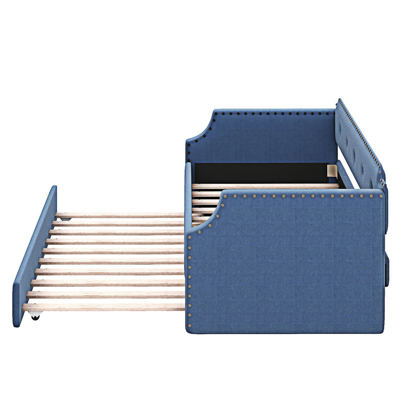Upholstered Daybed Sofa Bed with Trundle, Blue