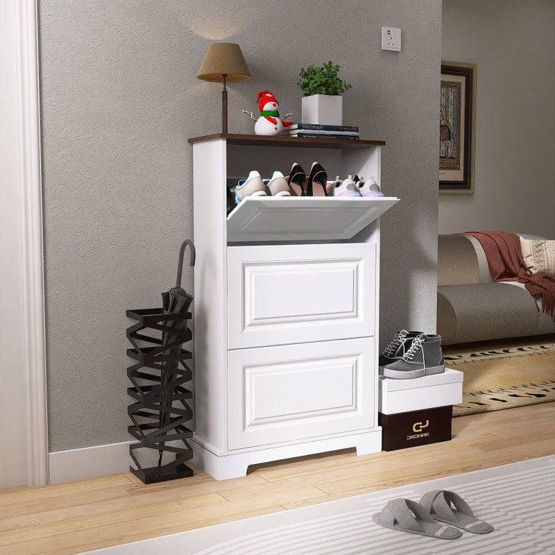 Elegant White & Brown Shoe Cabinet With Spacious Storage & Decor Top