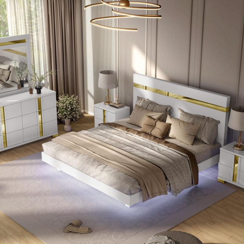 Ensemble de chambre avec lit plateforme 5 pièces Clemson, Blanc, Simple, Cinq pièces : Lit, 2 tables de chevet, commode, m