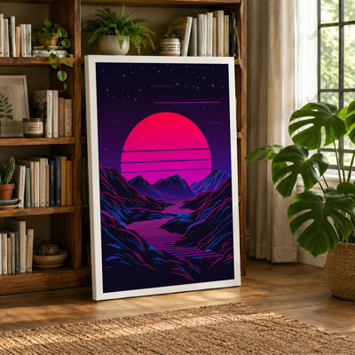 Sunset Beyond Mountains Retro - Wrapped Canvas
