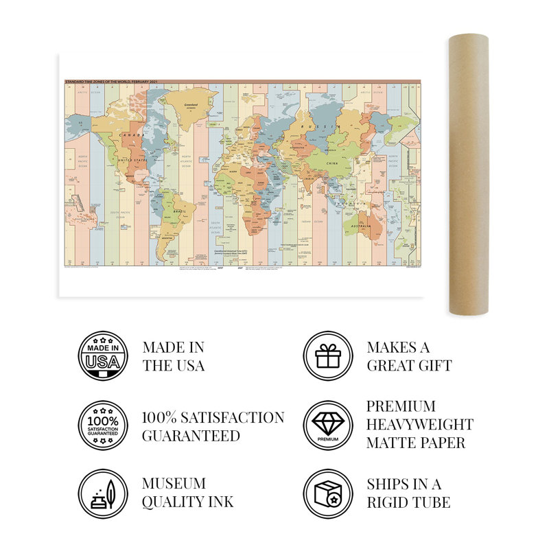 Carte du fuseau horaire standard du monde 2021, L 24 po x H 16 po