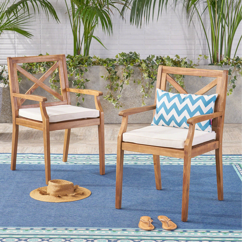  Bevelyn Acacia Patio Dining Armchair with Cushion, Cream