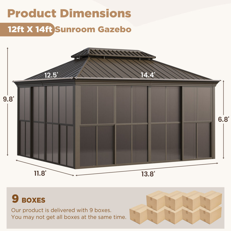 14 ft. W x 12 ft. D Outdoor Hardtop Sunroom Gazebo – Fully Enclosed Aluminum Solarium with Sliding Doors, Slideable PE Screen Windows,  All-Season Pergola with Galvanized Steel Double Roof for Patio, Deck & Hot Tub