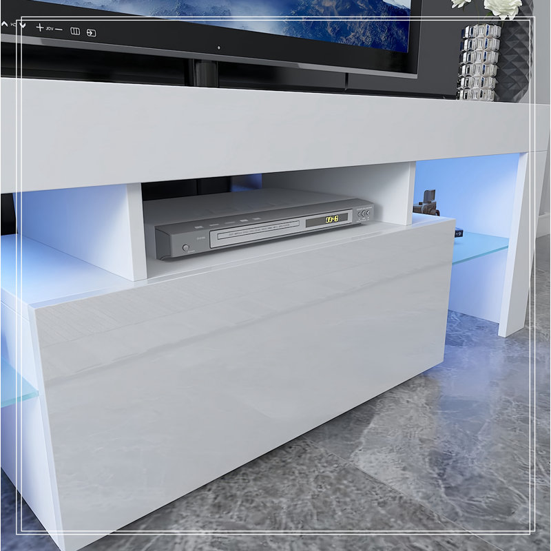 LED TV Stand for Televisions up to 55 Inchs,Modern Entertainment Center with down filp door, Glass shelf and high glossy UV front face, TV Console Table for Living room,Bedroom
