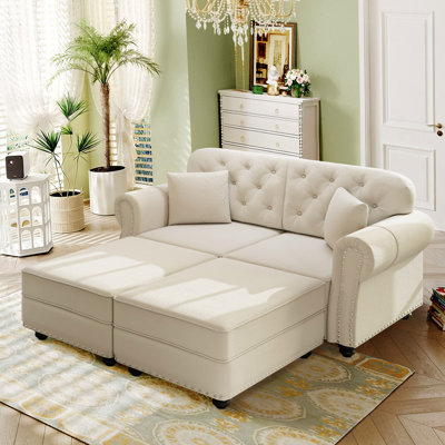 Canapé Mid-Century moderne en velours rembourré de 63 po avec garniture cloutée et causeuse Chesterfield moderne capitonnée avec 2 coussins et 2 repose-pieds