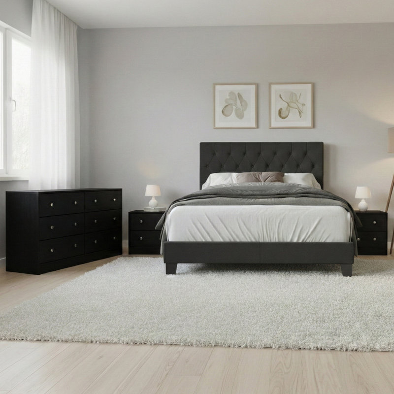 Clower Twin Tufted Upholstered Panel Bed With 1 Dresser & 2 Nightstands, Twin, Beige, Brown