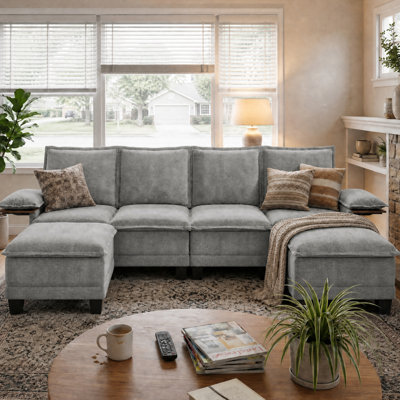122" Waterproof Chenille U-shape Sofa With Collapsible Table, 4-seat Sectional Upholstered Couch With Two Ottomans For Living Room, Apartment