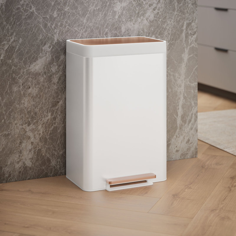 Reset 13 Gallon Kitchen Trash Can, Stainless Steel Hand Free Step Trash Can with Quiet-Close Lid, White/Copper