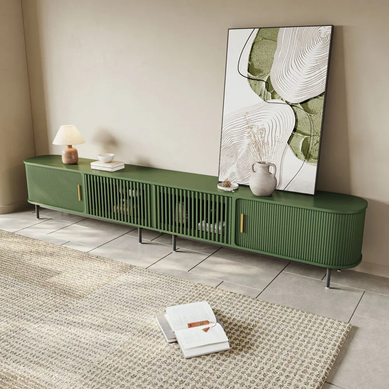 Mid-Century Modern TV Stand, Sliding Door, Fully Assembly, 21.25"H x 118"L x 15.75"W, Green