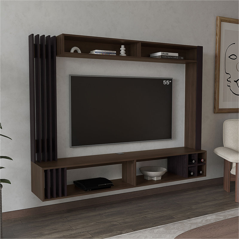 Meuble audio-vidéo Bremmen avec tablettes ouvertes, panneau de télévision et compartiment de rangement pour le salon ou la chambre à coucher
