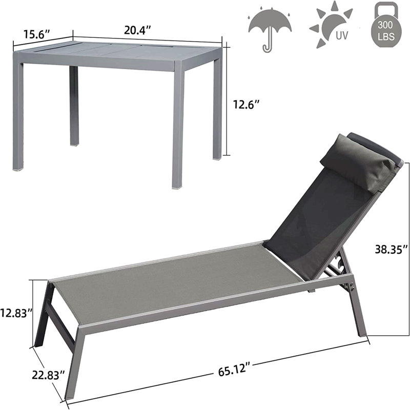 Ensemble de chaises longues de patio, chaises longues de piscine à dossier réglable en aluminium 3 pièces avec fauteuil inclinable PVC-coated polyester