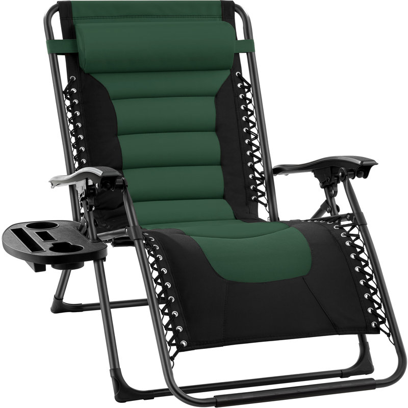 Danny-James Oversized Padded Zero Gravity Chair, Folding Outdoor Patio Recliner w/ Side Tray, Green/Black