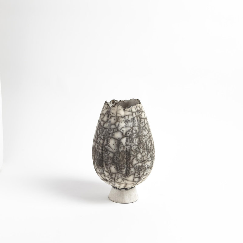 Crackled Footed Vase-Black Raku, 13.25" H x 8.25" W x 8.25" D