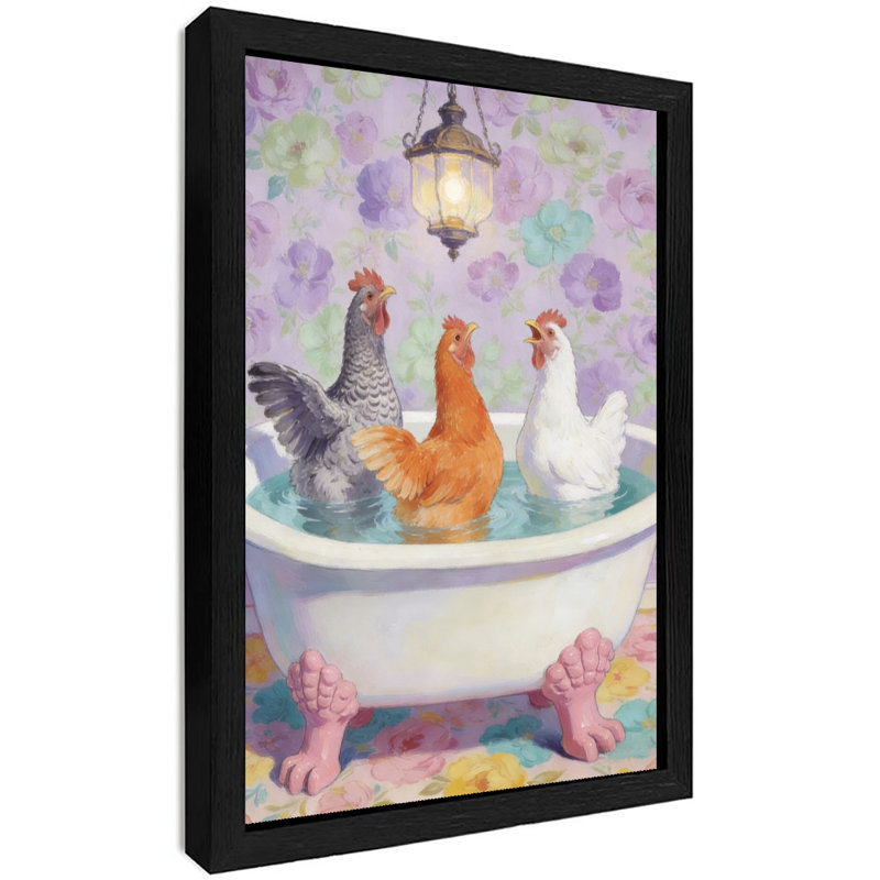 Reproduction d'art encadré noir avec poulets rétro qui trempent dans la baignoire, H 17 po x l 13 po