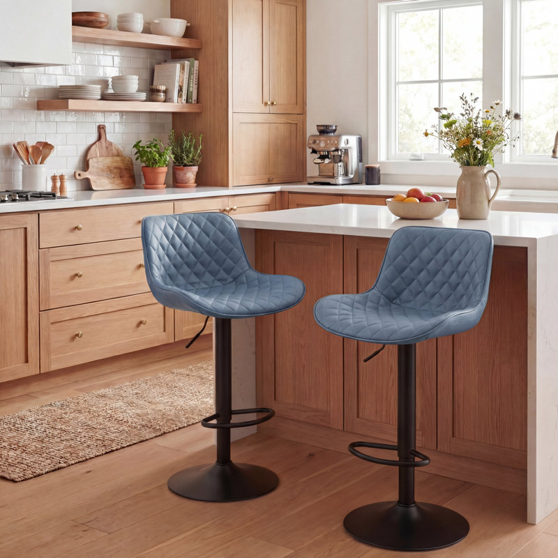 Zager Swivel Upholstered Adjustable Height Bar Stool, 2, Blue Faux Leather/Black Frame