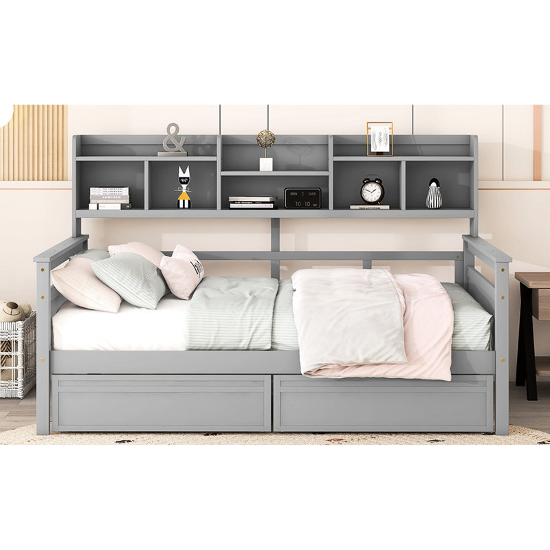 Full Size Daybed In Gray, Wood Slat Structure And Bedside Shelf, Two Drawers - Versatile For Living Room Bedroom Gray With Support System, 2 Home Decor
