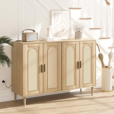 Boho Rattan Sideboard Buffet Cabinet with Power Outlet – 4 Door Storage Console Table – Adjustable Shelves – Entryway, Dining Room, Hallway, Living Ro