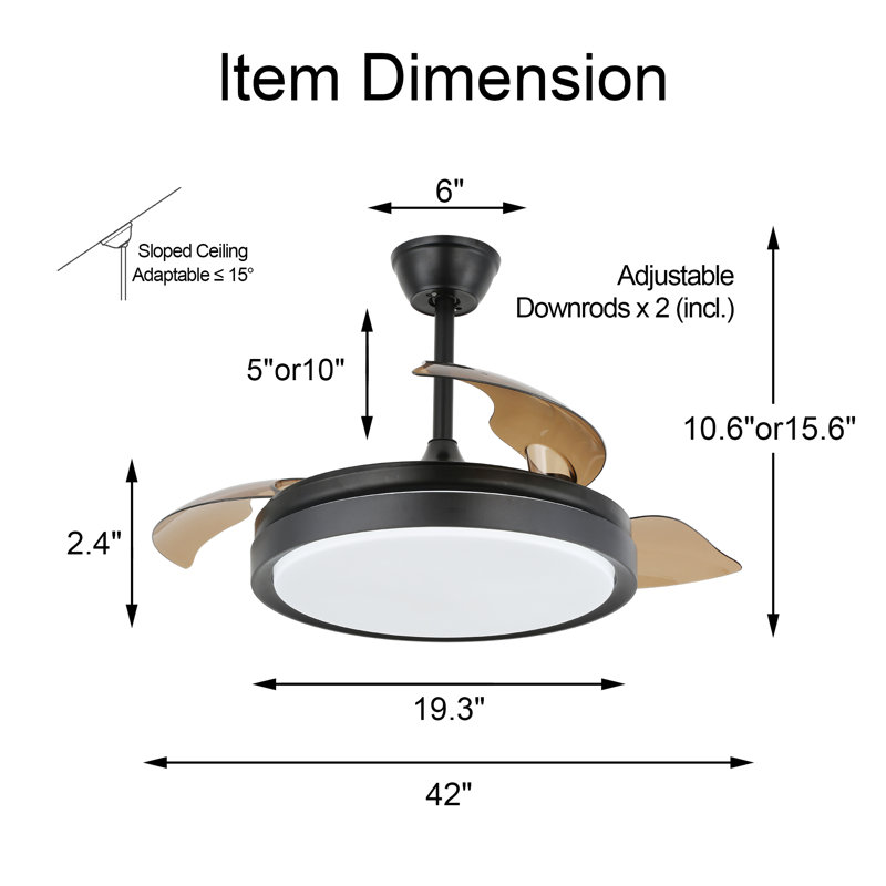 Ventilateur de plafond 42 po à 3 pales rétractables à DEL 42 po avec télécommande et ensemble d'éclairage Dinae, Noir