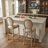 Set of 2 French Country Wood Bar Stools with Upholstered Beige Seats, for Kitchen Island and Breakfast Nook
