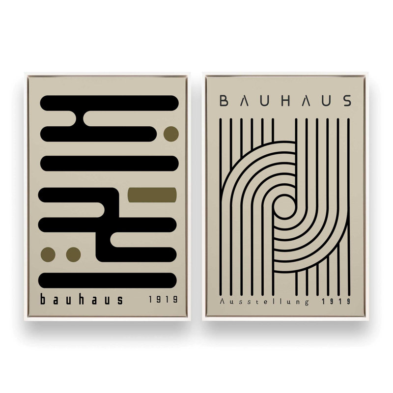 Bauhaus Curves and Connections Set of 2 Canvas Prints in a Gold Frame, 48" x 32", Cadre flottant, American Maple