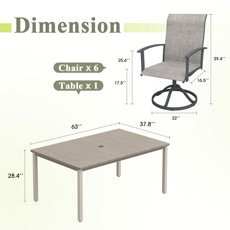 6-Person Rectangular Patio Dining Set With 360° Swivel PVC-coated polyester Chairs, Brush Wood Gray/Gray