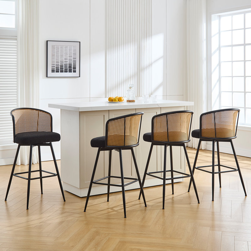 Black Metal Swivel Bar Stools with Rattan Backrest, Set of 3