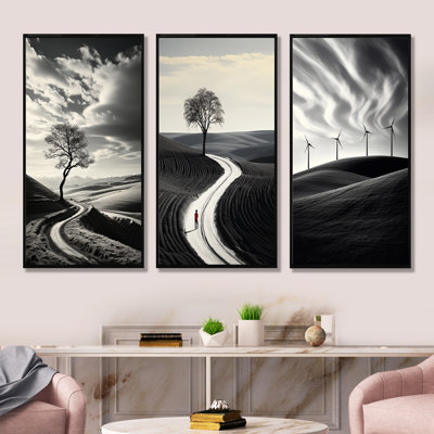 Route, noir et blanc, paysage d'imitation, ensemble de 3 impressions sur toile