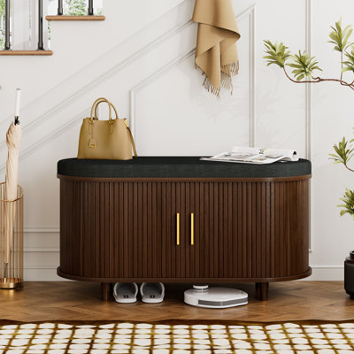 Banc de rangement à chaussures à 2 étages de style Mid-Century moderne avec porte coulissante cannelée et tablettes réglables