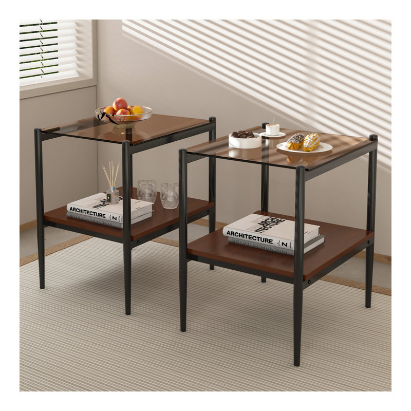 Ensemble de 2 tables de bout rectangulaires, plateau en verre trempé avec panneau de fibres à densité moyenne, table de salon moderne
