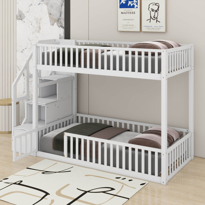 Lit superposé simple au-dessus d'un lit simple, échelle avec rangement, Blanc