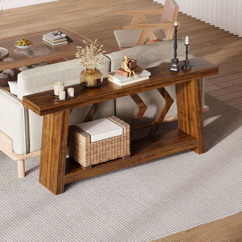 Canapé console 70,9 "tout bois, entrée à 2 niveaux avec pieds trapézoïdaux stables, Brun