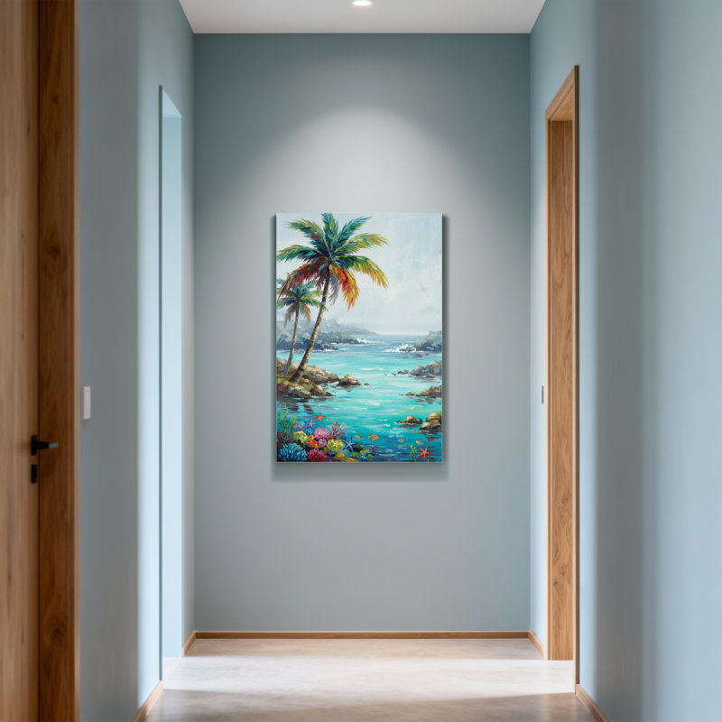 Plantes et fleurs, plage tropicale, palmiers, récif corallien, vue sur l'océan, H 48 po x l 32 po