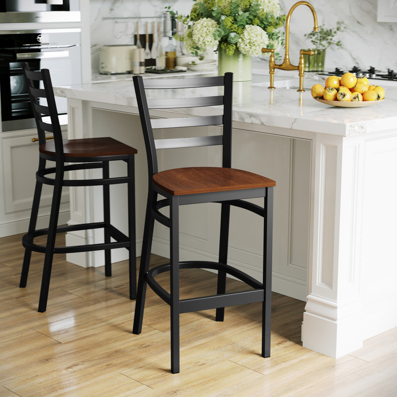 Loughran Ladder Back Metal Restaurant Barstools, Cherry, Black, 1