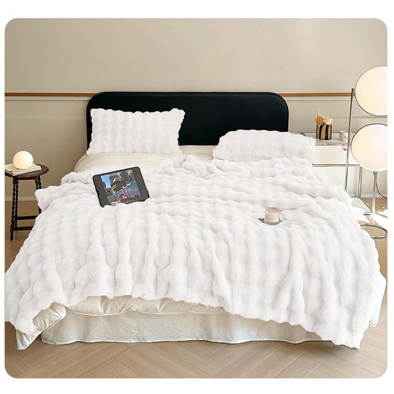 Jeté ultra doux et moelleux en fausse fourrure de lapin, L 50 po x L 60 po, Blanc pur