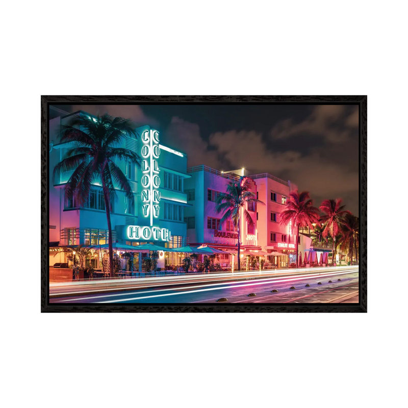 Ocean Drive Night Vibes 1 Piece Floater Frame Wall Art on Canvas, 66.04 cm H x 101.6 cm W, Black