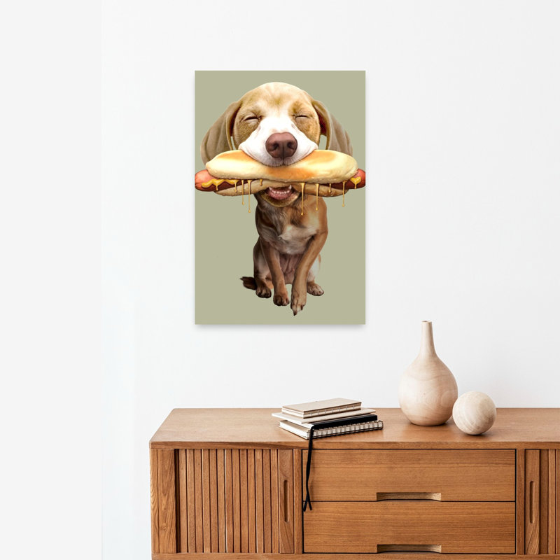 «Blissful Dog Hot Dog», reproduction d'art mural contemporain, 24" H x 16" W
