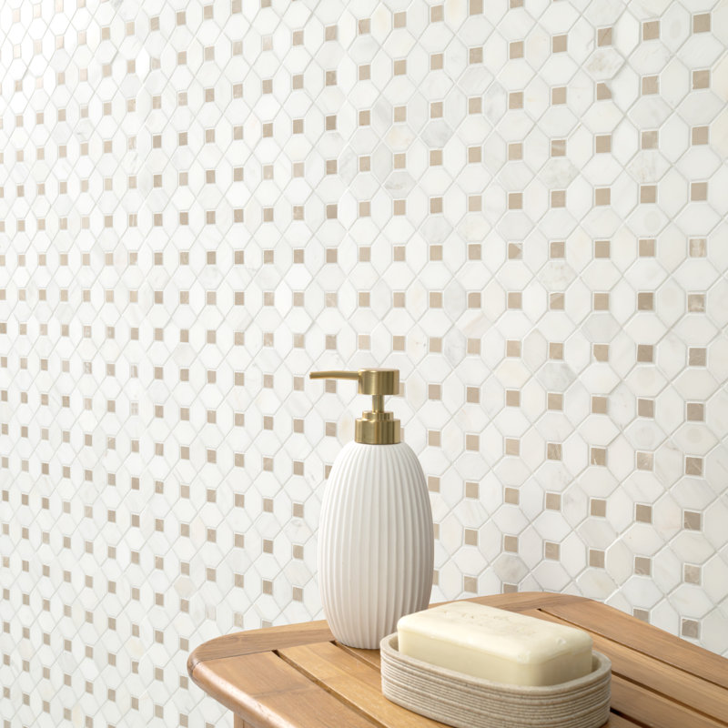 Geometric 13 in. x 13 in. Polished Marble Mosaic Floor and Wall Tile, Calabria Frost Gold