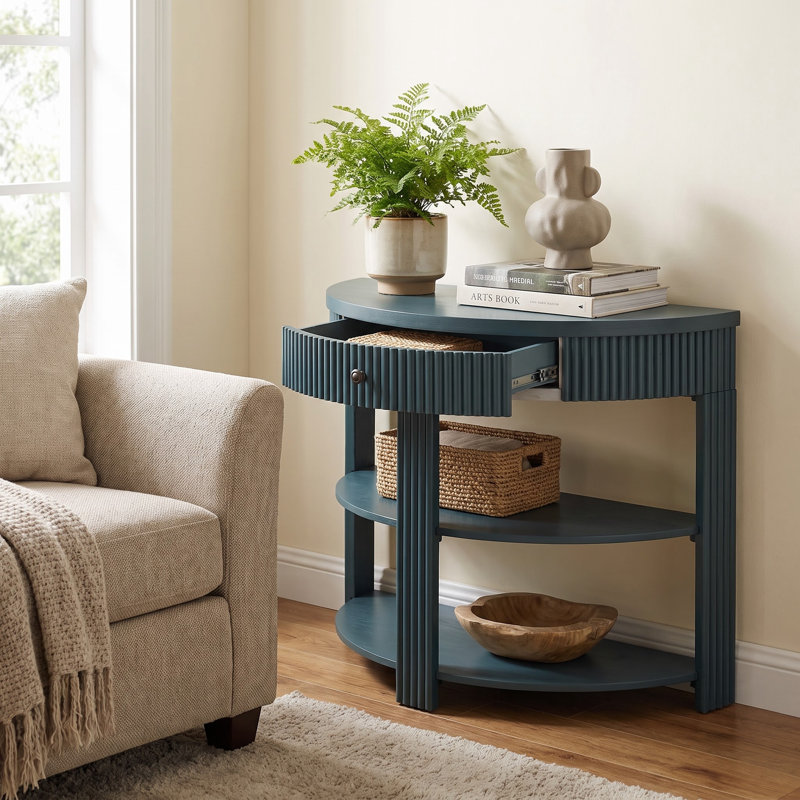 Console cannelée demi-lune avec tiroir et 2 tablettes ouvertes, Marine