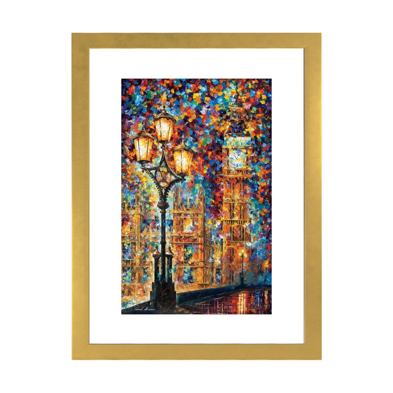 «London's Dreams» par Leonid Afremov - reproduction d'art, H 32 po x l 24 po x P 1 po, Papier encadré doré, Blanc
