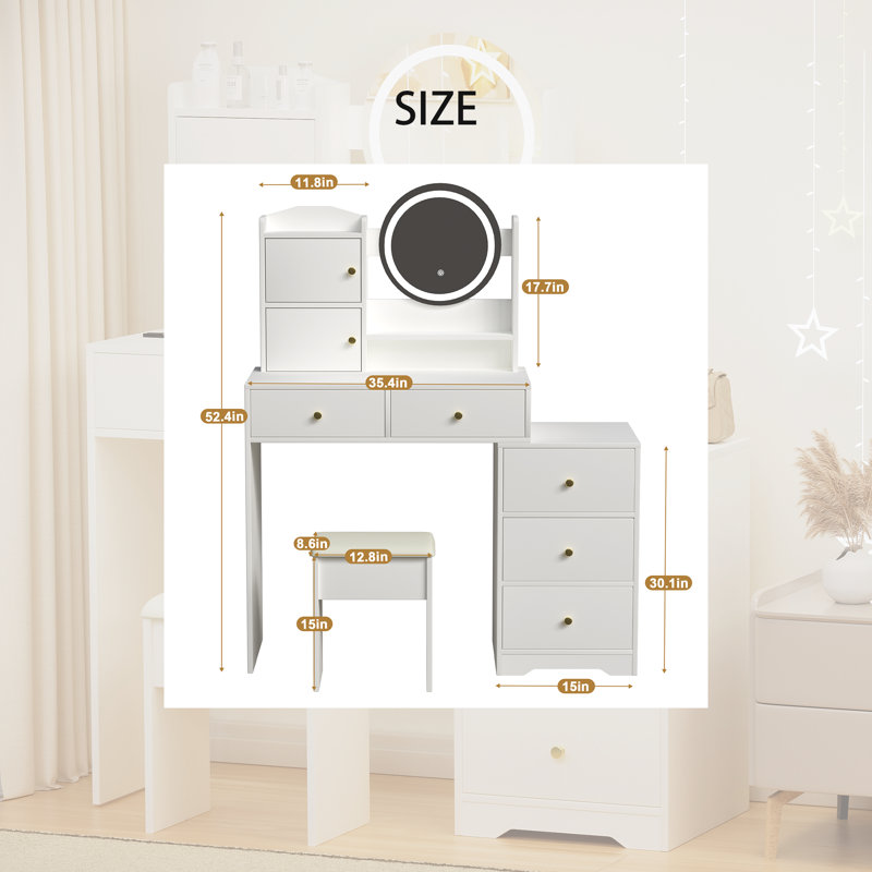 Ensemble de meuble-lavabo l 47,24 po - finition blanche, miroir DEL 3 couleurs et tabouret rembourré