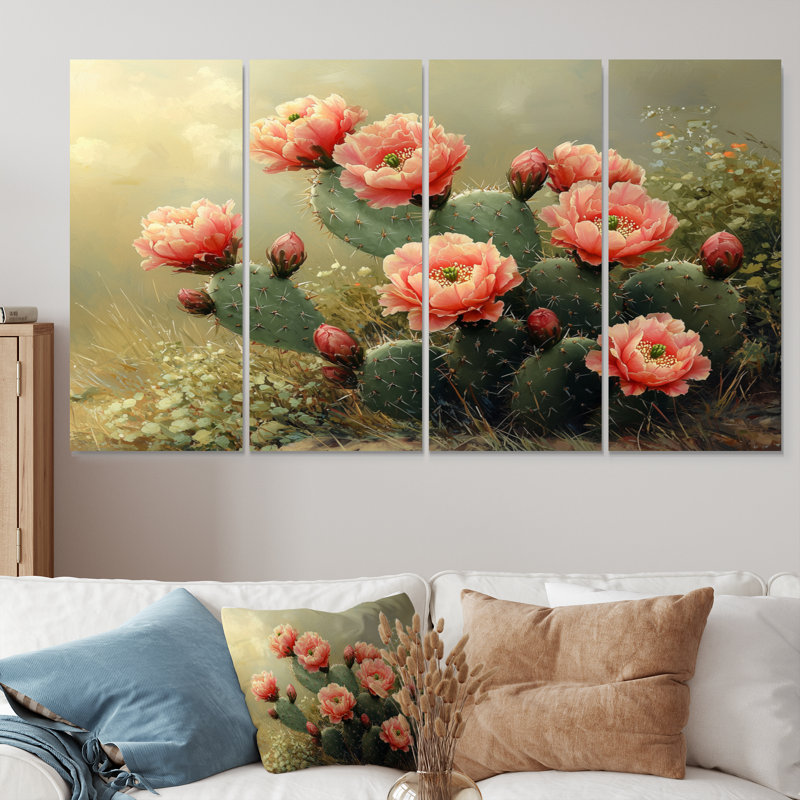 Cactus en pleine floraison à l'aube II - décoration murale cactus floral - art mural traditionnel, H 32 po x l 64 po, 4