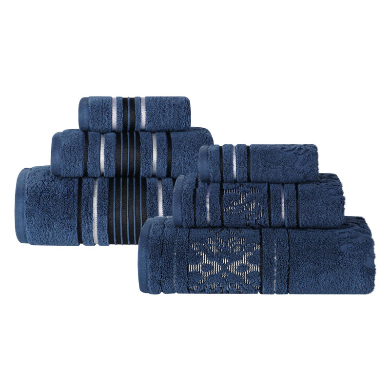 Ensemble de serviettes en coton uni et jacquard Sadie Zero Twist, Ensemble de serviettes - 6 pièces, À rayures, Marine
