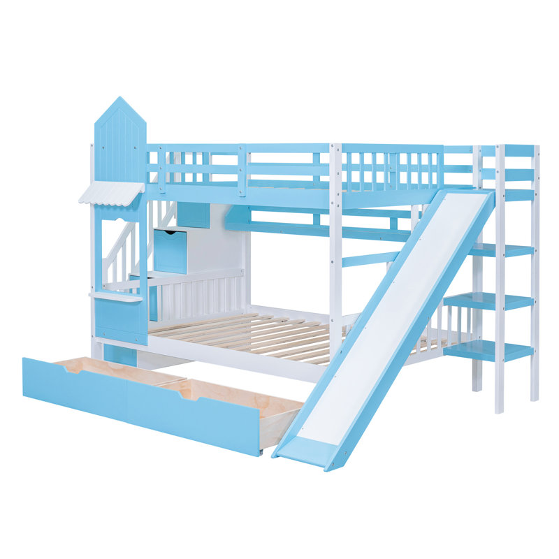 Lit superposé de taille bleue avec apparence, 2 tiroirs, 3 tablettes, et en bois de pin stable, lit de style additionnel pour chambre à coucher, bleu, avec matériau en bois de qualité, idéal pour