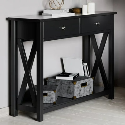 Console de 42,5 po avec deux tiroirs - Table d'entrée à 2 niveaux avec tablette de rangement et pieds robustes en X pour le salon ou le couloir