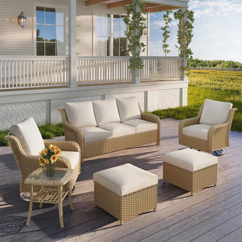 Ensemble complet de conversation de patio en osier 6 pièces avec chaises berçantes pivotantes, canapé, repose-pieds et table d'appoint pour la détente en plein air