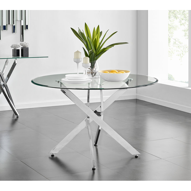 Tierra Modern Metal & Glass Round Dining Table Set with 4 Luxury Velvet Dining Chairs, Grey/Silver