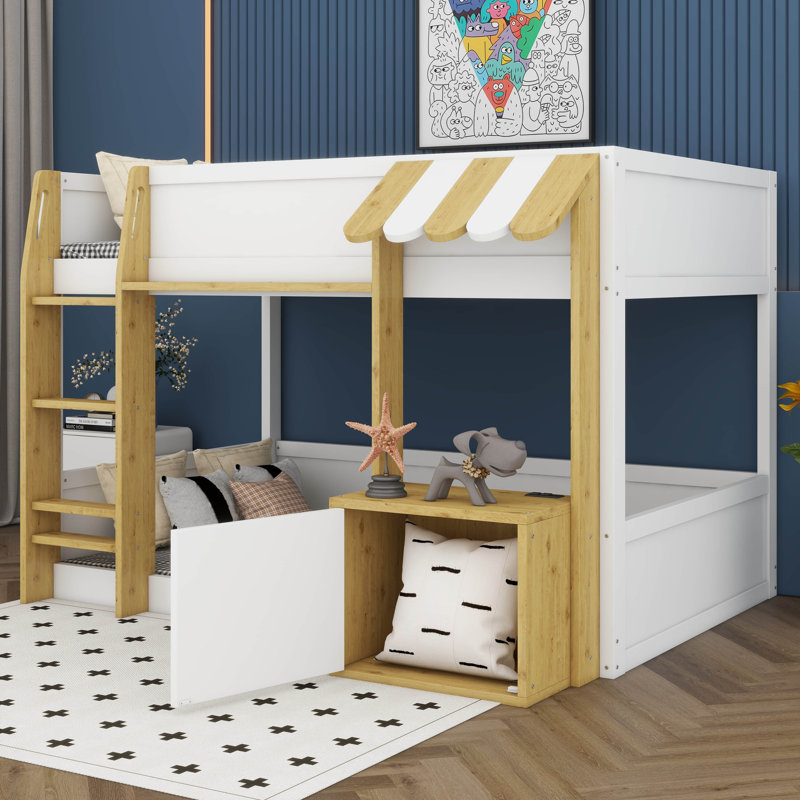 Lit superposé avec bureau, cadre de lit superposé avec armoire de rangement, escabeau large, garde-corps, ports USB