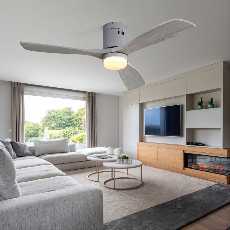 Ventilateur de plafond 52 pouces avec lumières 3 pales en bois massif avec moteur réversible silencieux et télécommande, Gris